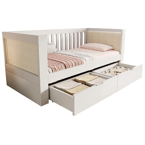 STILVORA Lit de jour 90/190 cm blanc en bois avec 2 tiroirs et dossier rembourré