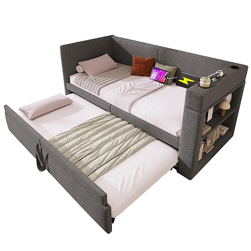 STILVORA Banquette-lit 90/200 cm grise en coton et lin avec lit gigogne et ports USB