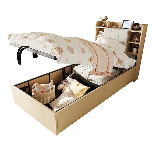 STILVORA Lit simple 90/200 cm bois naturel en MDF avec rangement hydraulique et USB