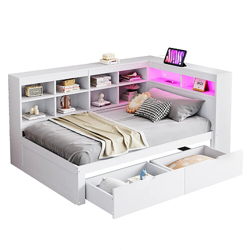 STILVORA Lit banquette 90/200 cm blanc en bois massif avec LED USB et rangements