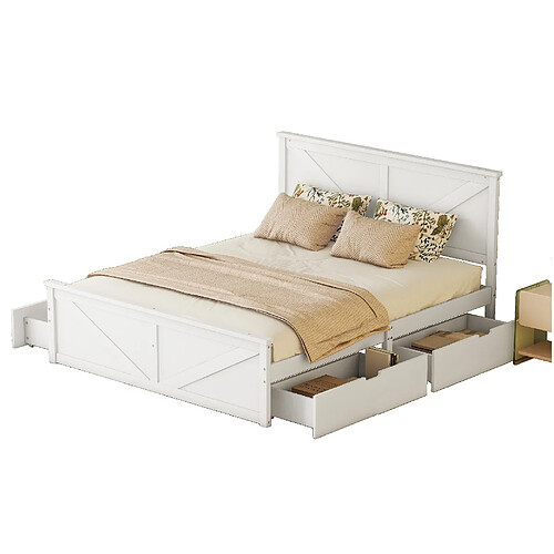 STILVORA Lit 160/200 cm blanc en pin avec 4 tiroirs et tête de lit