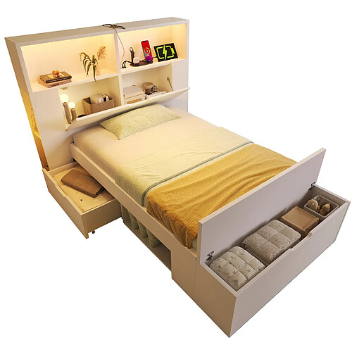 STILVORA Lit 90/200 cm blanc en bois avec LED rangements et ports USB