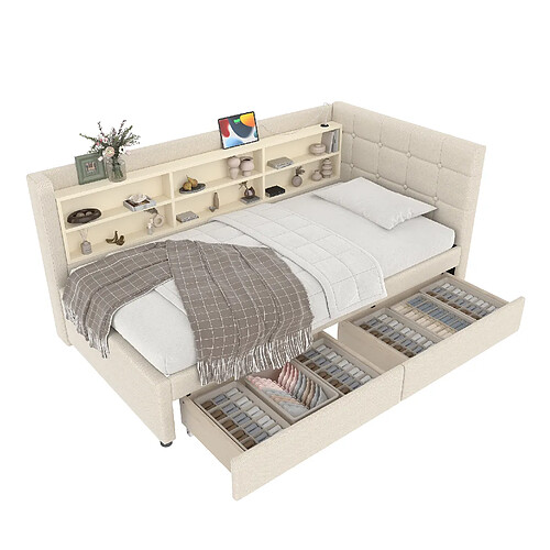 STILVORA Lit de jour 90/200 cm beige en lin avec 2 tiroirs USB Type-C et rangements