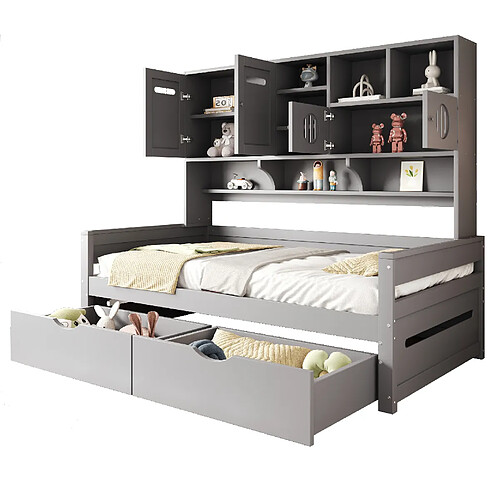 STILVORA Lit banquette 90/200 cm gris en bois avec rangements et tiroirs
