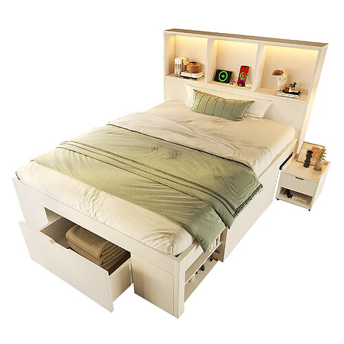 STILVORA Lit simple 90/200 cm blanc en bois avec LED et table de chevet mobile