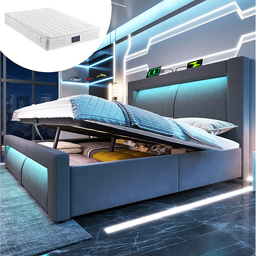 modfu Lit coffre 140x200 cm avec LED et ports USB et Type-C, en velours, gris, matelas inclus