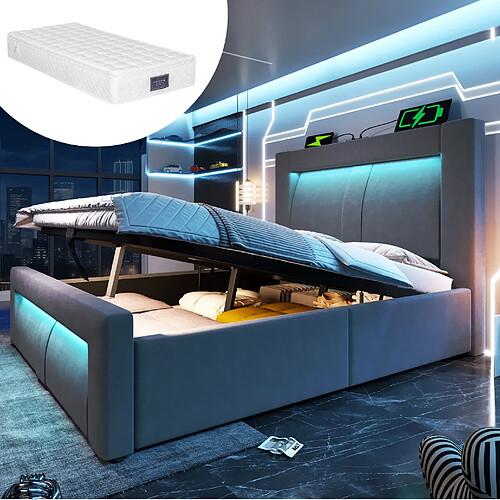 modfu Lit coffre 90x200 cm, avec LED et ports USB et Type-C, en velours, gris, matelas inclus