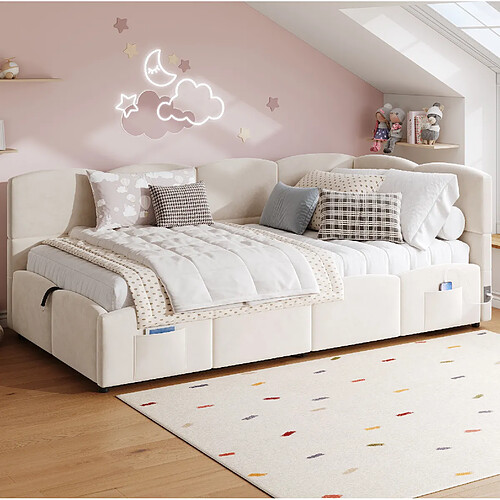 modfu Lit coffre 90x200 cm, avec ports USB et Type-C et poche, en velours, beige, sans matelas
