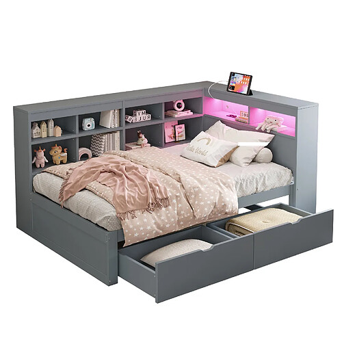 STILVORA Lit banquette 90/200 cm gris en bois avec LED USB et rangements