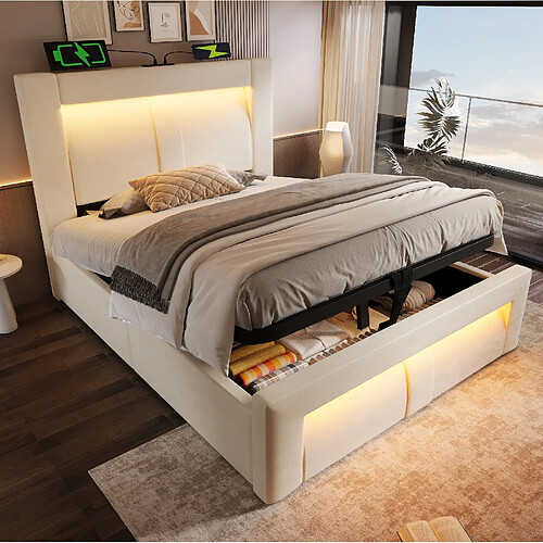 modfu Lit coffre 90x200 cm, avec LED et ports USB et Type-C, en velours, beige, sans matelas