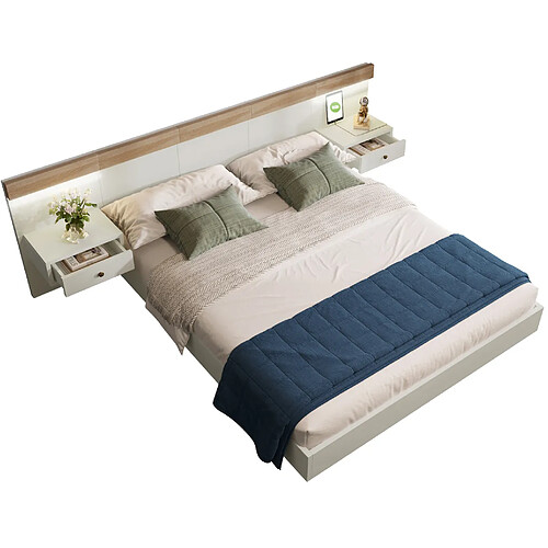 STILVORA Lit double 140/200 cm blanc et chêne Sonoma en bois avec 2 chevets LED