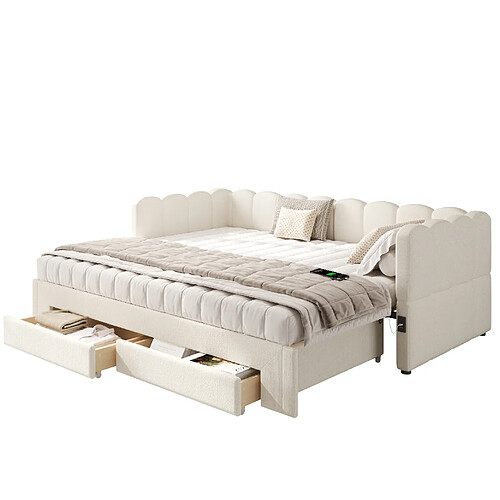 STILVORA Lit de jour 90/200 cm beige en lin extensible avec USB et 2 tiroirs