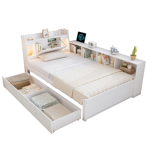 STILVORA Lit simple 90/200 cm blanc en bois massif et MDF avec rangements et éclairage