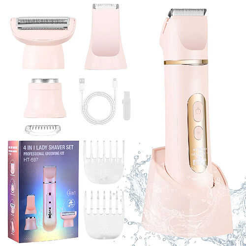 Épilateur HT-597, Rasoir Femmes HATTEKER Tondeuse Visage, 4-en-1, Étanche Rose