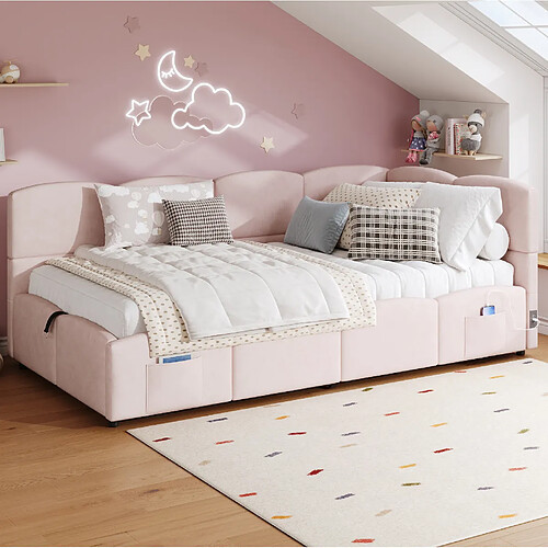 modfu Lit coffre 90x200 cm avec poche de rangement, en velours, rose, sans matelas