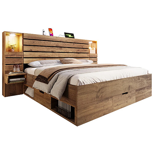 STILVORA Lit double avec rangement 180/200 cm chêne en bois avec LED USB-C et rangements