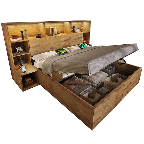 STILVORA Lit coffre 160/200 cm chêne en bois avec LED USB-C et chevets intégrés