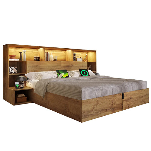 STILVORA Lit double 160/200 cm chêne en bois avec rangements LED et ports USB-C