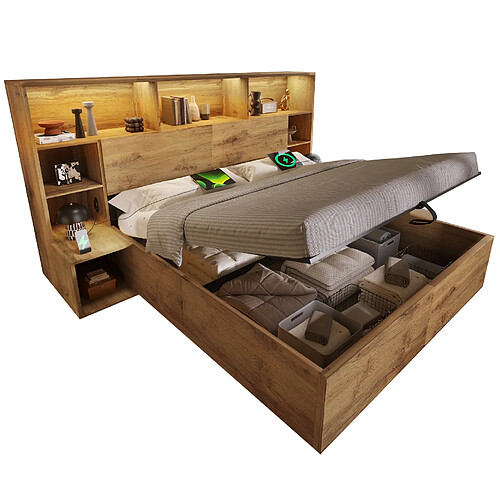 STILVORA Lit double 180/200 cm chêne en bois avec LED USB-C et rangements