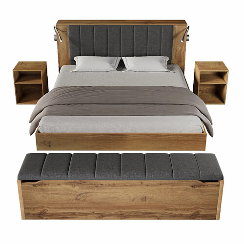STILVORA Lit double 180/200 cm chêne en bois avec lampes USB et rangements