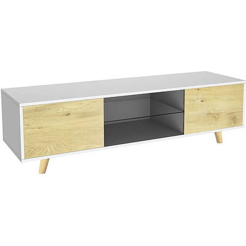 Habitat Et Jardin Meuble TV LED - 140 x 42 x 45 cm - Blanc/Chêne