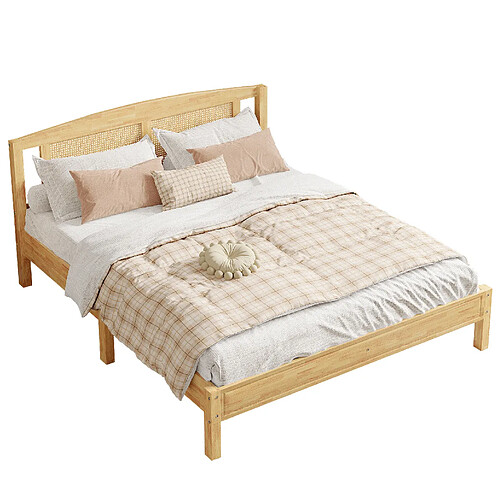 STILVORA Lit double 160/200 cm naturel en bois de pin et rotin PE avec pieds centraux