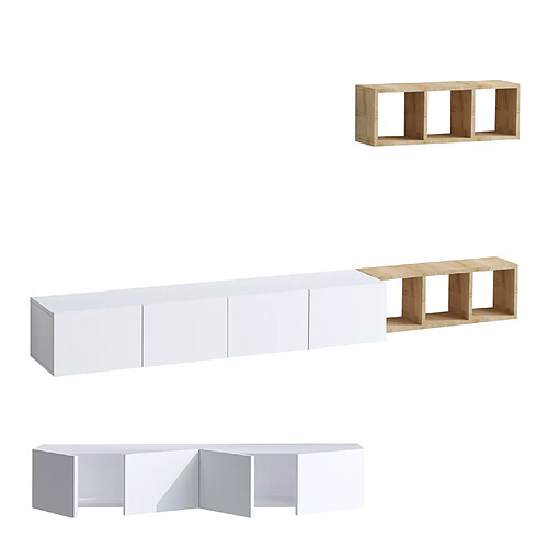 Hanah Home Meuble TV suspendu avec étagère murale en bois - 215 x 32 x 25 cm - Blanc