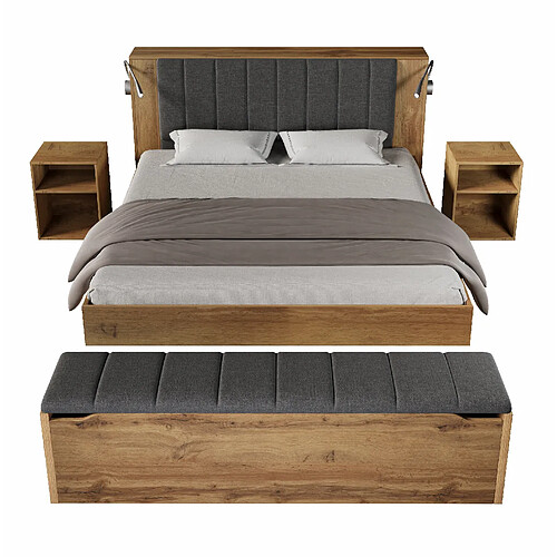 STILVORA Lit double 160/200 cm chêne en bois avec USB chevets et banc-coffre