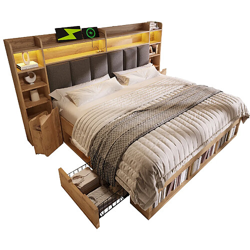 STILVORA Lit double 180/200 cm chêne en bois avec LED et rangements