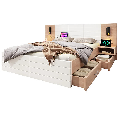 STILVORA Lit double 140/200 cm blanc et chêne clair en bois massif et MDF avec USB