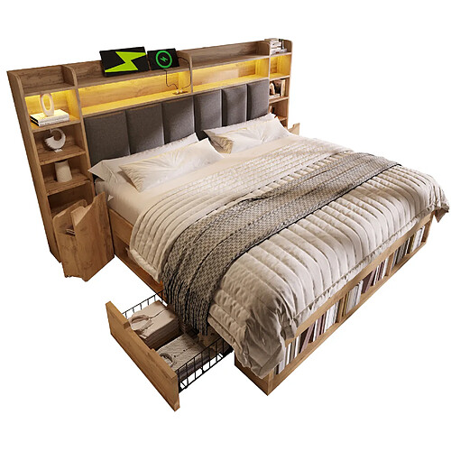 STILVORA Lit double 160/200 cm chêne en bois avec LED et chevets mobiles