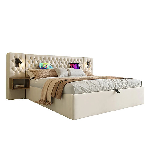 MIVRAY Lit coffre 160x200 cm, Lit adulte, rangement hydraulique, velours beige