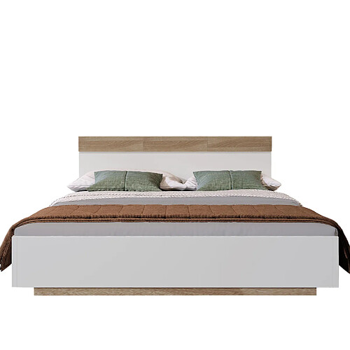 MIVRAY Lit double 180x200 cm Lit adulte en bois, sommier à lattes, Blanc et chêne