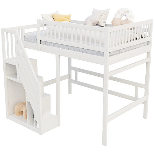MIVRAY Lit mezzanine 140x200 cm, escalier de rangement, bois blanc