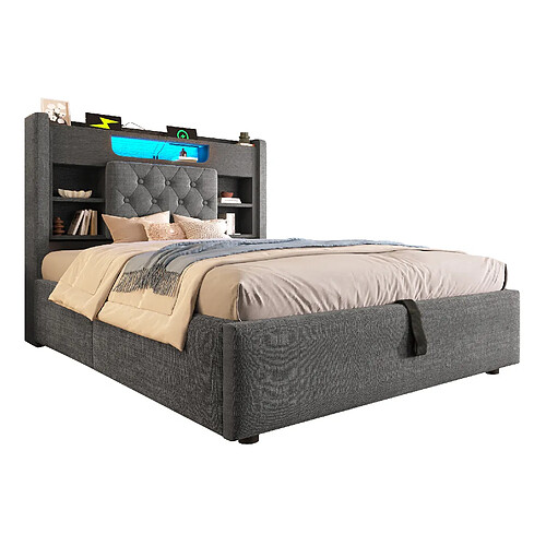 STILVORA Lit capitonné 90/200 cm gris en lin avec LED et ports USB
