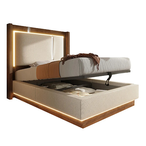 STILVORA Lit capitonné 90/200 cm beige en lin et bois avec LED et coffre hydraulique