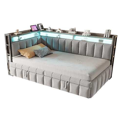 STILVORA Canapé-lit 211,5/101,5/90 cm gris en tissu avec LED réglable
