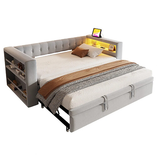 STILVORA Lit banquette 90/180x190 cm gris clair en flanelle avec LED et prises