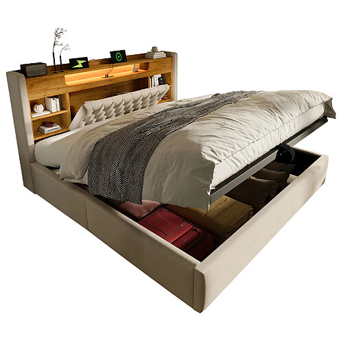 STILVORA Lit rembourré 180/200 cm beige en lin avec LED ports USB-C et rangement