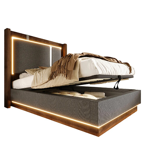STILVORA Lit 90/200 cm gris et noyer en lin avec LED et coffre hydraulique