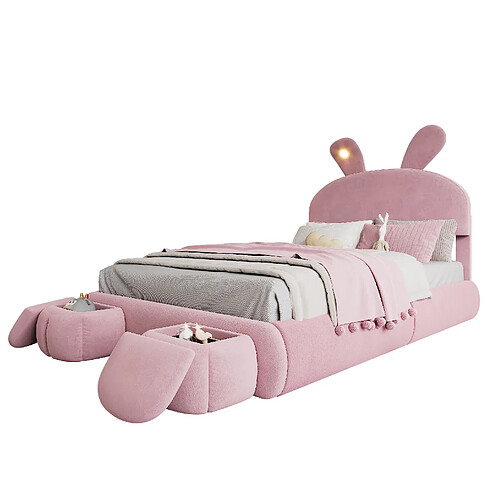 STILVORA Lit capitonné 140/200 cm rose en velours avec oreilles lapin et éclairage LED