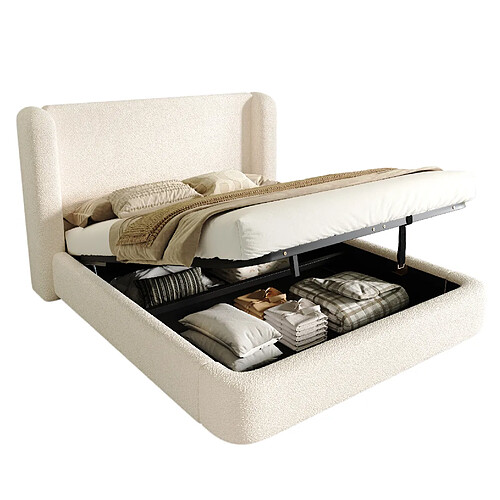 STILVORA Lit coffre 160/200 cm beige en bouclé avec tête de lit rembourrée