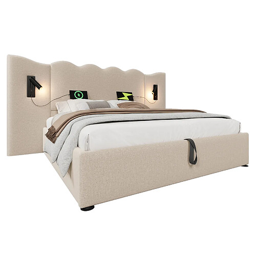 STILVORA Lit capitonné 180/200 cm beige en lin avec lampe de lecture et ports USB-C