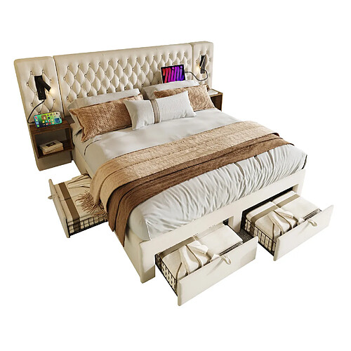 STILVORA Lit double 180/200 cm beige aus velours avec lampes de lecture et rangement