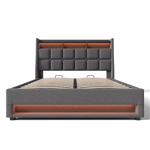 STILVORA Polsterbett 140/200 cm gris en lin avec LED, USB et coffre relevable