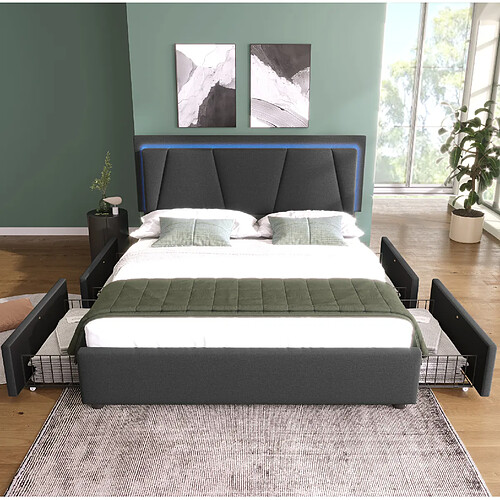 Lit Double Modenvie 160x200 cm avec LED et tête de lit réglable Gris