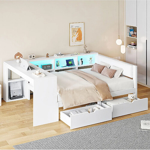Lit Double 140x200 cm Modenvie rangement LED Blanc