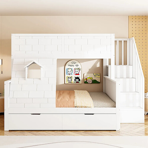 Lit Superposé Modenvie 90x200 140x200 rangement escalier blanc