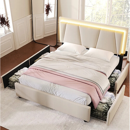 Lit Double 160x200 cm Modenvie LED et tete de lit reglable Beige