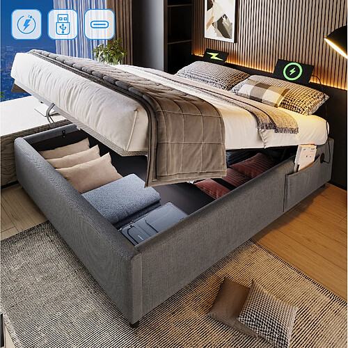 Lit Coffre 160x200 cm - Modenvie - USB C et rangement - Gris